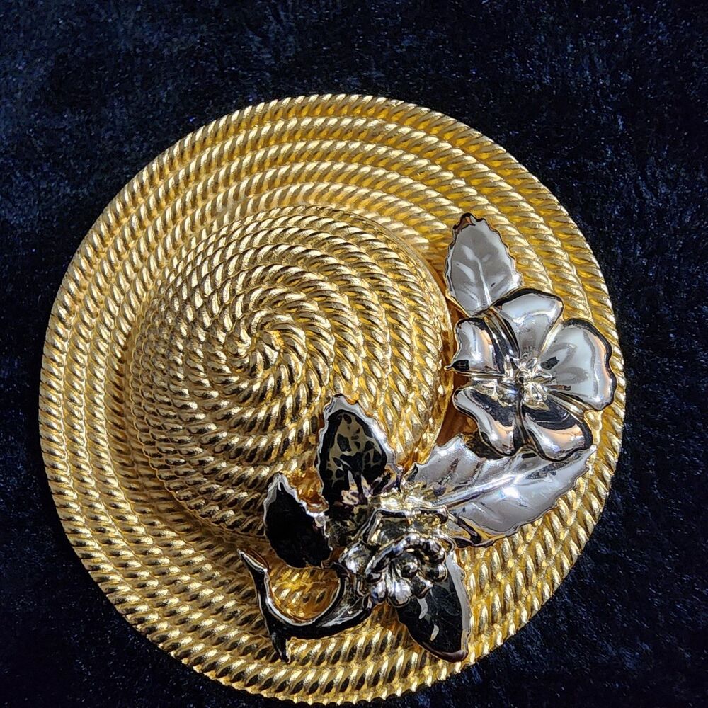 Floral Garden Straw Hat Vintage Gold Brooch Pin